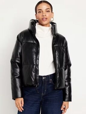 Black Faux Leather Puffer Jacket - Women's